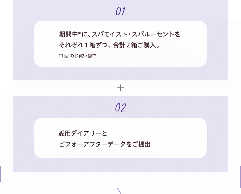 01 期間中に、スパモイスト·スパルーセントをそれぞれ1箱ずつ、合計2箱ご購入。02 愛用ダイアリーとビフォーアフターデータをご提出