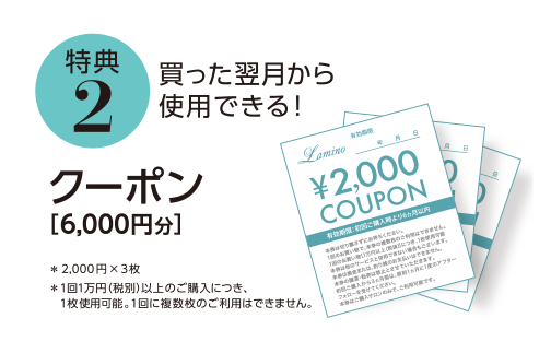 特典2 買った翌月から仕様できる！ クーポン[6,000円分]　※2,000円×3枚　※1回1万円（税別）以上のご購入につき、1枚使用可能。1回に複数枚のご利用はできません。
