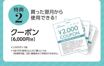 特典2 買った翌月から仕様できる！ クーポン[6,000円分]　※2,000円×3枚　※1回1万円（税別）以上のご購入につき、1枚使用可能。1回に複数枚のご利用はできません。
